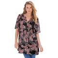 Plus Size Women's Short-Sleeve Angelina Tunic by Roaman's in Black Etched Paisley (Size 38 W) Long Button Front Shirt