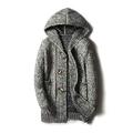 Huntrly Men's Sweater Autumn and Winter British Fashion Mid-Length Windbreaker Thick Hooded Sweater Cardigan Horn Button Jacket L Gray