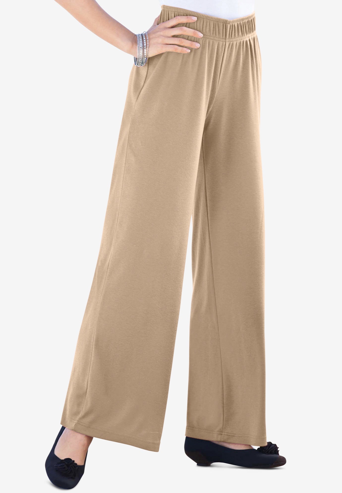 Plus Size Women's Plus Size Pull-On Wide Leg Soft Knit Pant by Roaman's in New Khaki (Size M) Pull On Elastic Waist