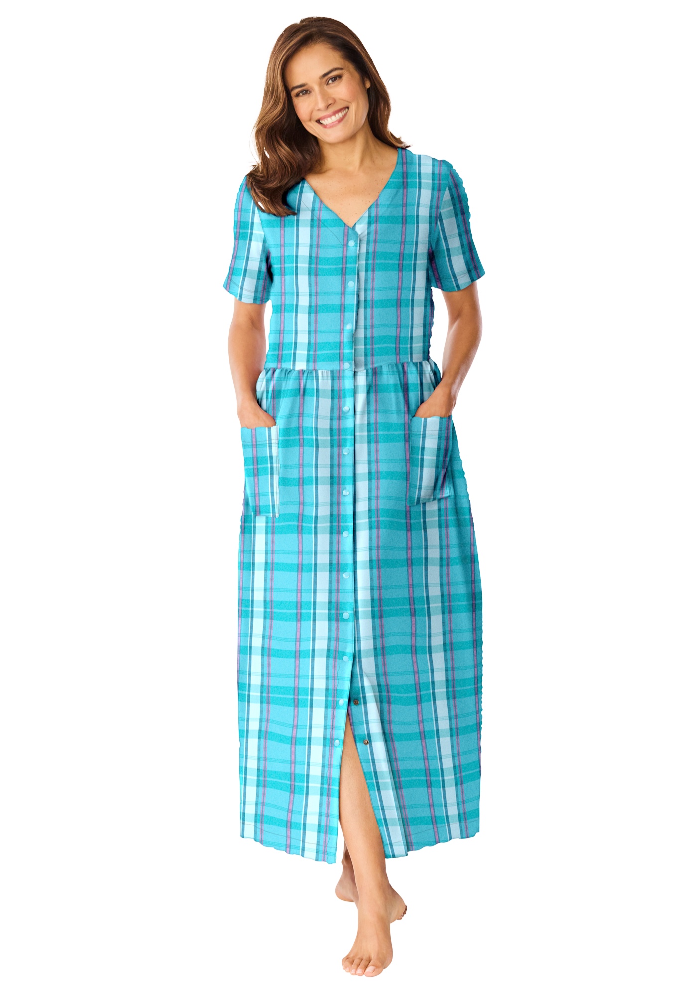 Plus Size Women's Long Seersucker Lounger by Only Necessities in Aquamarine Plaid (Size 1X)