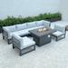 LeisureMod Chelsea 7-Piece Patio Sectional And Fire Pit Table Black Aluminum With Cushions - LeisureMod CSFBL-7LGR