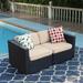 Lark Manor™ Mcgahan Patio Chair w/ Cushions Wicker/Rattan in Blue | 28.3 H x 59 W x 29.5 D in | Wayfair 91DCECF7569F49419DEAE47041E30B59