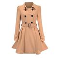 Lazzboy Women Coat Parka Double Breasted Woolen Belt Trench Elegant Button Lapel Plain Outerwear(L,Khaki)