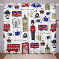 Kids Cartoon Big Ben Window Treatments Red Telephone Booth Bus Curtains for Boys Girls Children Retro London UK Theme Window Drapes England Room Decor W46*L54