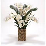 Distinctive Designs Cymbidium Orchids & Cycas Palm & Orchid Foliage in Zig Zag Vase in White | 35 H x 32 W x 32 D in | Wayfair 9844A