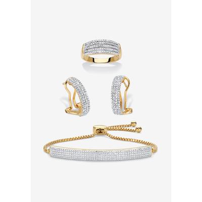 Women's 18K Gold-Plated Diamond Accent Demi Hoop Earrings, Ring and Adjustable Bolo Bracelet Set 9" by PalmBeach Jewelry in Gold (Size 9)