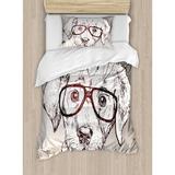 Ambesonne Modern Cute Hipster Puppy w/ Glasses Smart Dog Nerd Animal Humor Fun Graphic Design Duvet Cover Set Microfiber in Brown/White | Wayfair