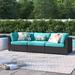 Lark Manor™ Anishia 89.5" Wide Outdoor Wicker Patio Sofa w/ Cushions All - Weather Wicker/Wicker/Rattan in Blue | 27 H x 89.5 W x 31.5 D in | Wayfair
