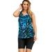 Plus Size Women's Longer-Length Racerback Tankini Top by Swim 365 in Blue Painterly Leaves (Size 16)