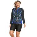 Plus Size Women's Chlorine Resistant Long-Sleeve Colorblock Swim Tee by Swim 365 in Blue Painterly Leaves (Size 28)