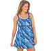 Plus Size Women's Empire-Waist Swim Dress by Swim 365 in Blue Watercolor Stripes (Size 24) Swimsuit