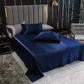 Bonenjoy-Drap de lit en satin bleu uni drap plat lisse dessus de lit King taille Queen vêtements