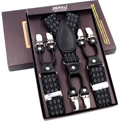Bretelles en cuir noir vintage décontracté bretelles à la mode 6 clips cadeau pour père et mari