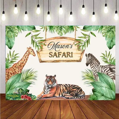 Bannière Personnalisée avec Nom Toile de Fond Jungle Animal Safari ixd'Anniversaire pour