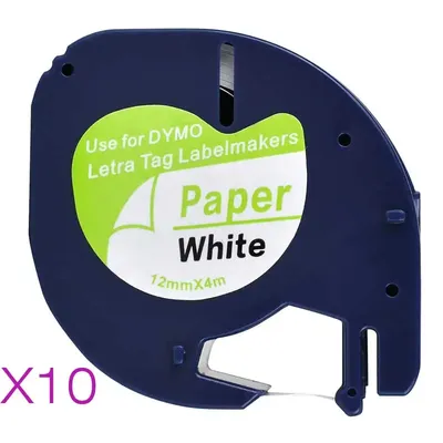 10 Compatible Dymo LetraTag 91200 Noir sur Blanc (12mm x 4m) Étiquettes en Papier pour LT-100H