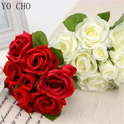 YO CHO – bouquet de roses artificielles en soie Mini bouquet de roses rouges et blanches pivoines