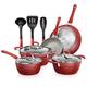 NutriChef NCCW11RDD Non-Stick Kitchenware Pots & Pans-11 Pcs. Stylish Kitchen Cookware Set w/Elegant Diamond Pattern, Gray Inside & Red Outside, Metal, Aluminum