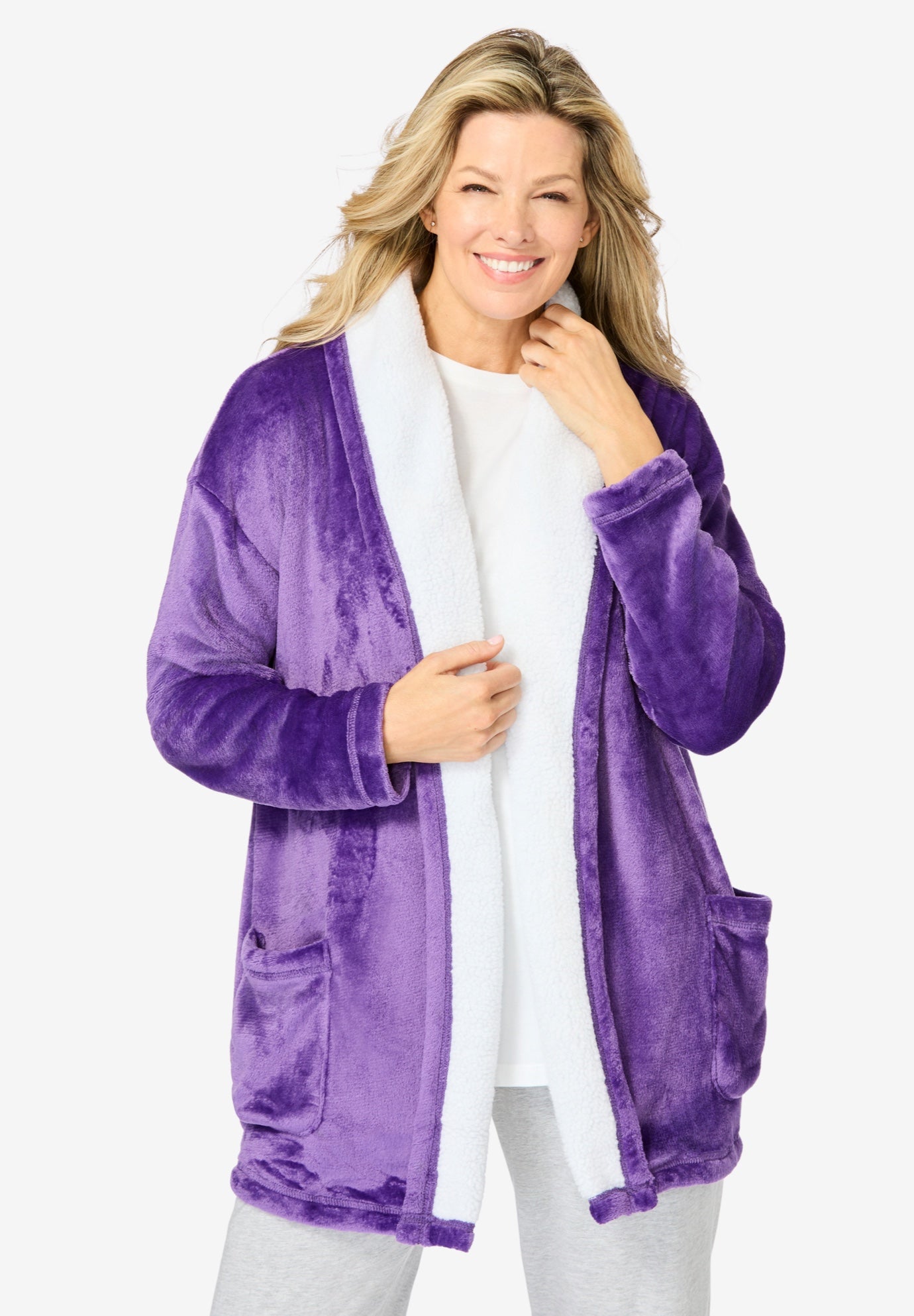 Plus Size Women's Sherpa Lined Collar Microfleece Bed Jacket by Dreams & Co. in Plum Burst (Size M) Robe