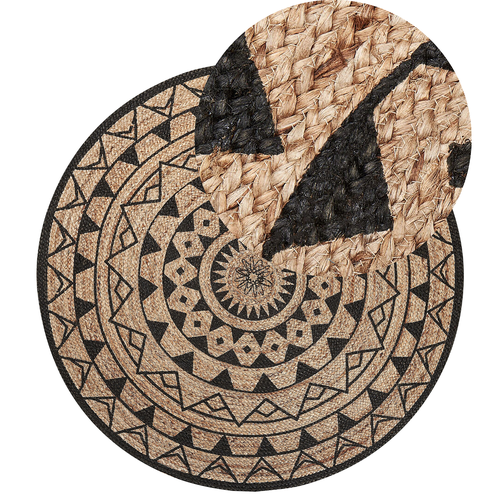 Teppich Beige / Schwarz ⌀ 140 cm aus Jute Kurzflor mit Rosettenmuster Fußbodenaccessoire Vorleger Rund Boho Stil Modernes Design