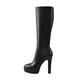 Only maker Platform Boots Round Toe Knee High Boots for Women PU Heeled Booties Party Shoes Black Size 2