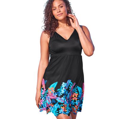 Plus Size Women's Floral Border Swim Dress by Swim 365 in Black Paradise Floral (Size 28) Swimsuit