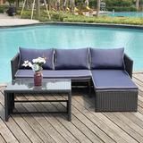 Latitude Run® Lotis 3 Piece Rattan Sofa Seating Group w/ Cushions Synthetic Wicker/All - Weather Wicker/Metal/Wicker/Rattan in Blue | Outdoor Furniture | Wayfair