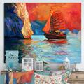 East Urban Home Chinese Sailboat Arriving During Red Evening Sunset Glow - Painting Print on Canvas Metal in Blue/Orange | Wayfair