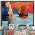 East Urban Home Chinese Sailboat Arriving During Red Evening Sunset Glow - Painting Print on Canvas Canvas, in Gray/White | Wayfair