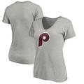 Women's Fanatics Branded Heathered Gray Philadelphia Phillies Cooperstown Collection Huntington Logo V-Neck T-Shirt