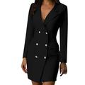 Xmiral Blazer Dress Women Double Breasted Solid Color Business Dress Button Front Military Style Mini Dress(Black,XL)