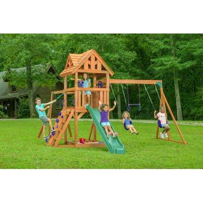 Creative Cedar Designs Mountain View Lodge Playset W/Wooden Roof & Green Slide Swing Set Wooden/ in Brown | 120 H x 176 W x 218 D in | Wayfair