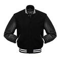 Varsity Jacket Men's Baseball Jacket Wool Body & Genuine Leather Sleeves Letterman Jacket (Black with White Strips, XXL)