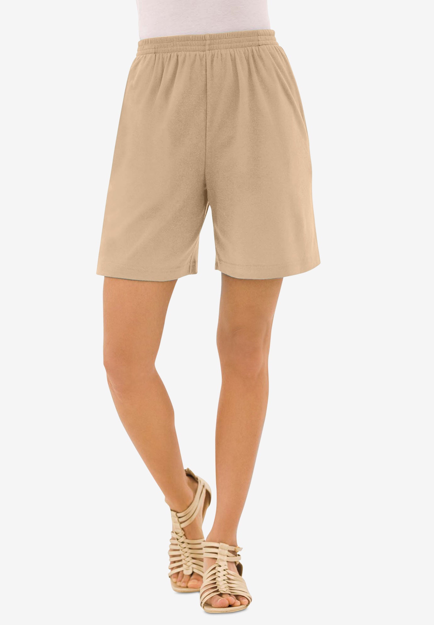 Plus Size Women's Plus Size Soft Knit Pull-On Short by Roaman's in New Khaki (Size 1X) Pull On Elastic Waist