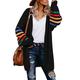 Happy Sailed Womens Autumn Open Front Cardigan Striped Cardigan Knee Length Long Sleeve Jumper Lightweight Coat Size 12 Black