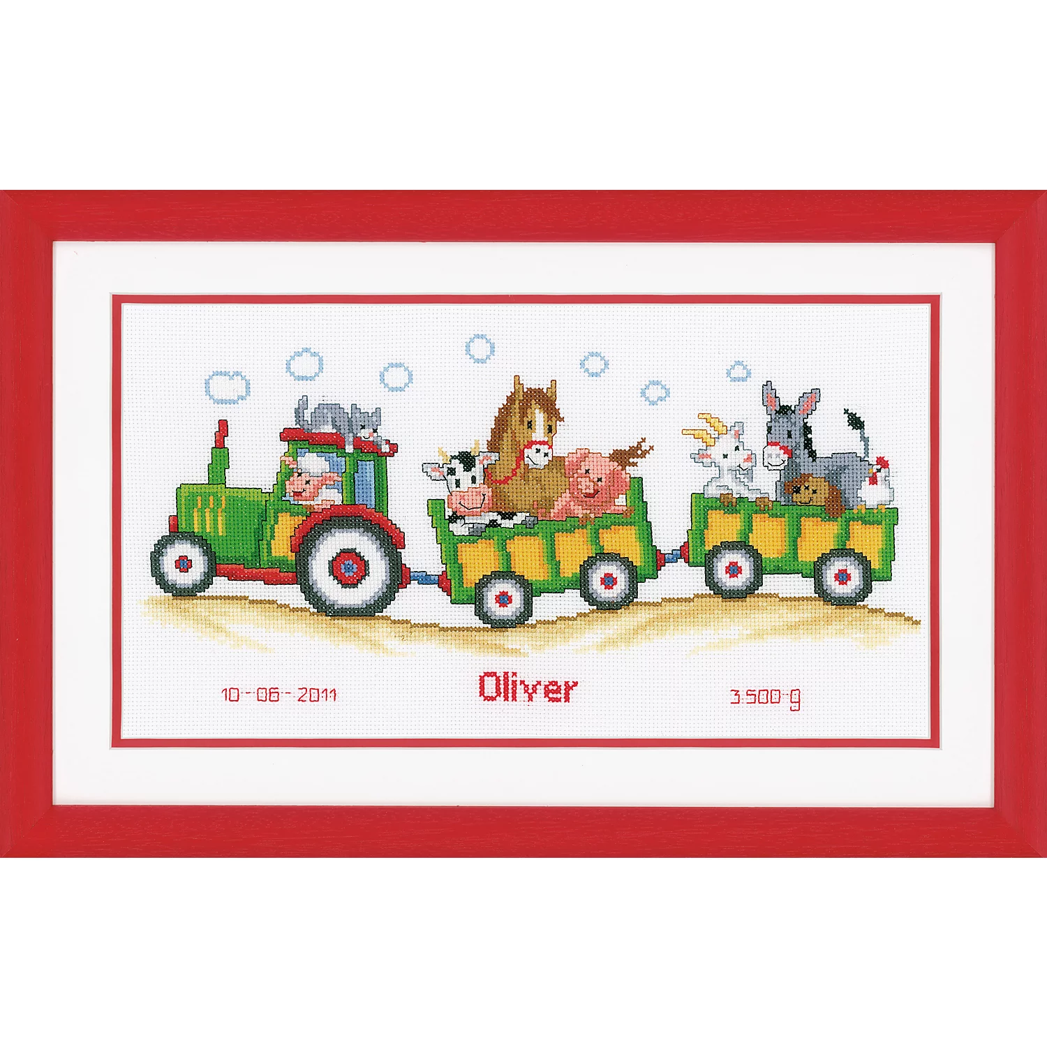 Tableau de naissance à broder "animaux de la ferme", 36 x 19 cm