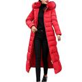 ZIXING Fashion Ladies Warm Coat Faux Fur Hooded Padded Quilted Zip Up Puffer Jacket Coat Long Overcoat Red S