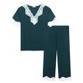 Amorbella Bamboo Viscose Pyjamas/PJs Capri Set for Women Super Soft Short Sleeve V-Neck Lace Jersey Knit Crop Pants Cool Sleepwear (Green, Large)