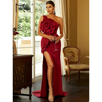 Missord-Robe de soirée sirène pour femmes rouge longue élégante une initiée appliques en fibre