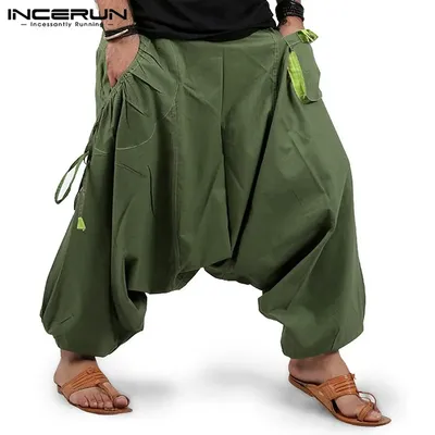 Pantalon sarouel pour hommes Streetwear taille élastique ample à entrejambe poches solide