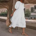 VONDA-Robe mi-longue bohème à manches lanterne pour femmes robe d'été de plage sexy volants