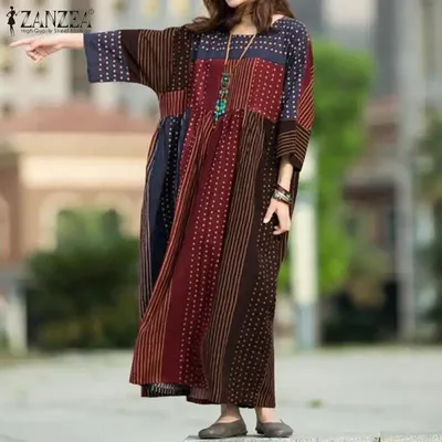 ZANZEA-Robe bohème à manches longues pour femmes imprimé à pois patchwork vintage robe de soirée