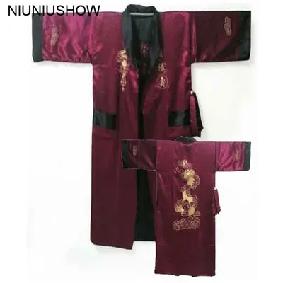 InjTwo-Face Kimono brodé réversible pour homme robe chinoise en satin robe de bain dragon