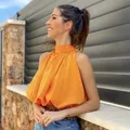 Klacwaya-Chemisier sexy orange pour femme haut court col licou vêtements féminins chics été 2021