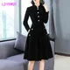 Robe fine en velours vintage pour femme style Hepburn européen et américain col boutonné noir