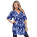 Plus Size Women's Short-Sleeve Angelina Tunic by Roaman's in Blue Abstract Ikat (Size 16 W) Long Button Front Shirt