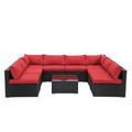 Orren Ellis Mosheim 9 Piece Rattan Sectional Seating Group w/ Cushions Synthetic Wicker/All - Weather Wicker/Wicker/Rattan in Red | Outdoor Furniture | Wayfair