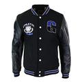 Mens Baseball Varsity Letterman College Fleece Jacket Badge PU Leather Sleeves (3XL, Black - Blue)