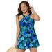 Plus Size Women's High Neck Wrap Swimdress by Swimsuits For All in Blue Hawaiian Floral (Size 8)