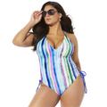 Plus Size Women's Halter Adjustable One Piece Swimsuit by Swimsuits For All in Pastel Stripe (Size 18)