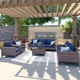 Wade Logan® Addai 9 Piece Rattan Sofa Seating Group w/ Cushions Olefin Fabric Included/Wicker/Rattan in Blue/Brown | Outdoor Furniture | Wayfair